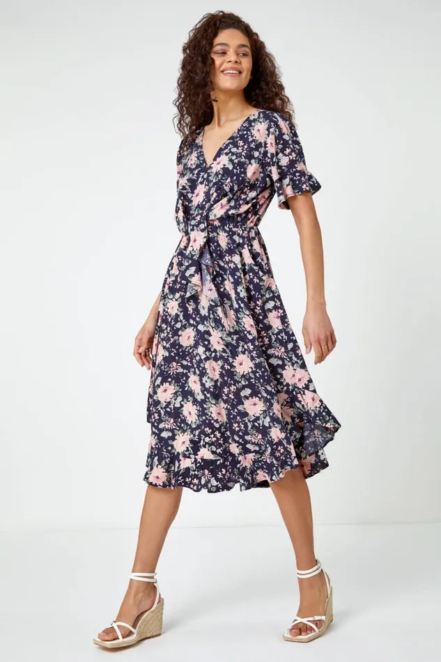 Navy Floral Print Frill Front Midi Dress Women Roman Dresses