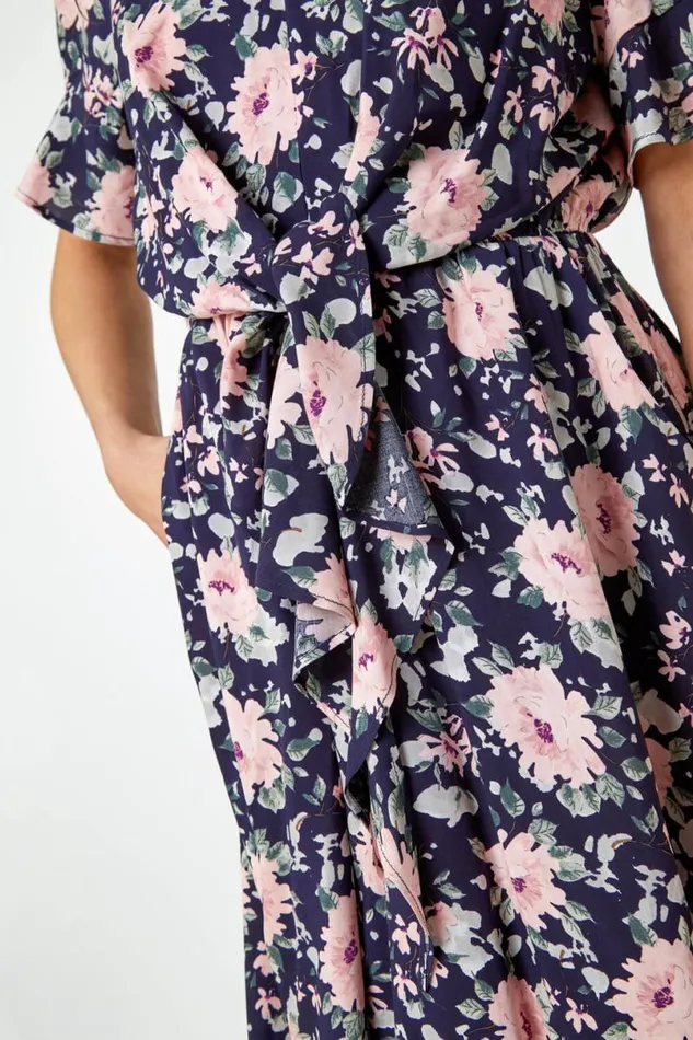 Navy Floral Print Frill Front Midi Dress Women Roman Dresses