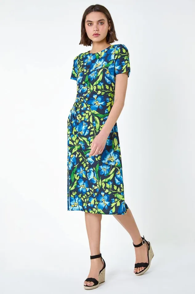 Navy Floral Ruched Split Detail Dress Women Roman Dresses