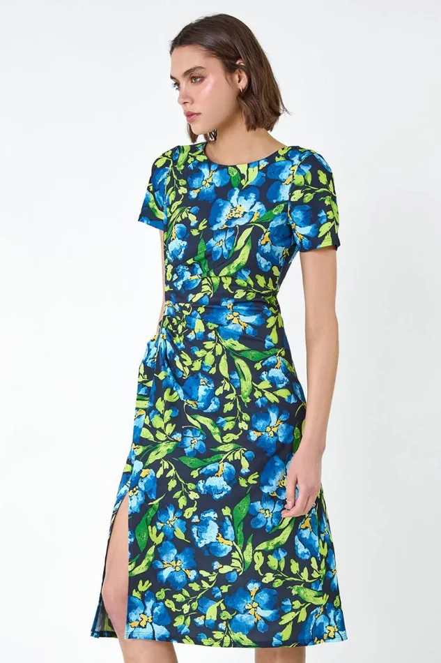 Navy Floral Ruched Split Detail Dress Women Roman Dresses