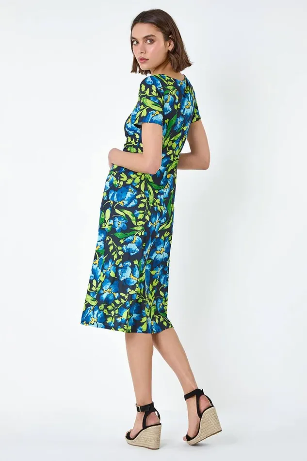 Navy Floral Ruched Split Detail Dress Women Roman Dresses