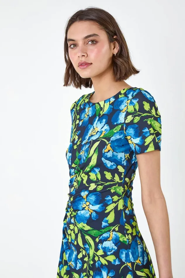 Navy Floral Ruched Split Detail Dress Women Roman Dresses