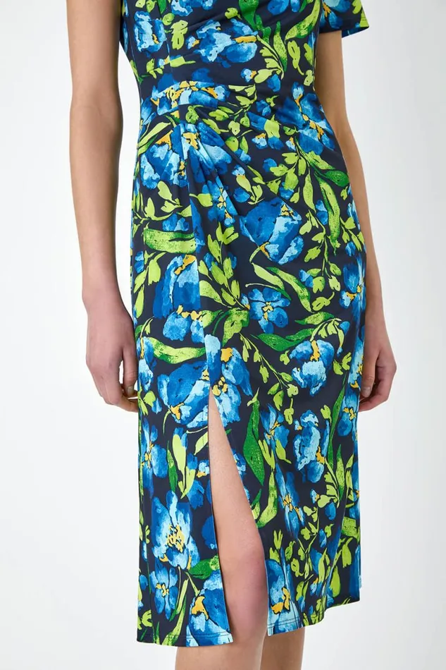 Navy Floral Ruched Split Detail Dress Women Roman Dresses