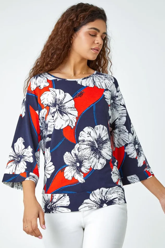 Navy Floral Stretch Blouson Hem Top Women Roman Tops