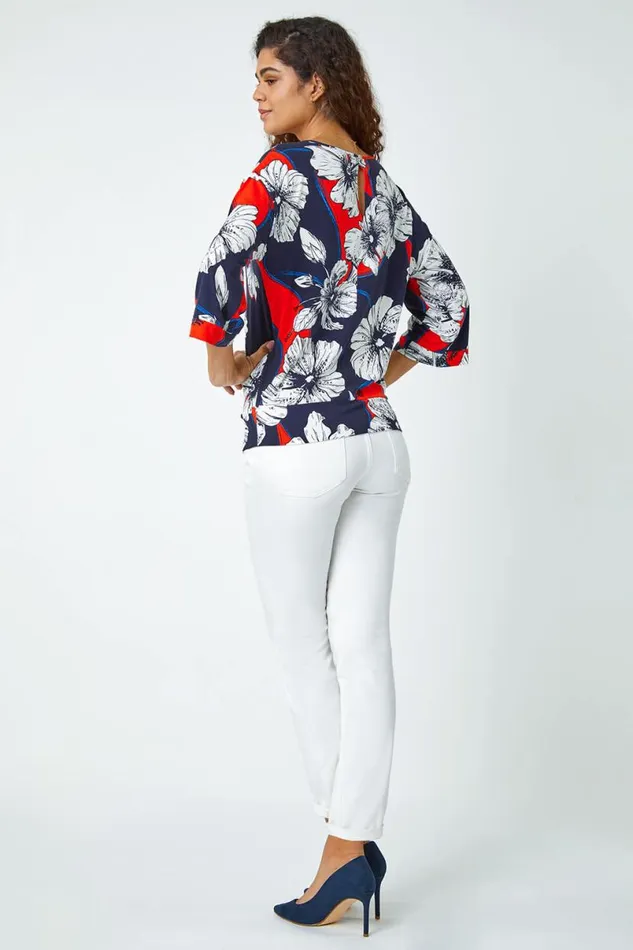Navy Floral Stretch Blouson Hem Top Women Roman Tops