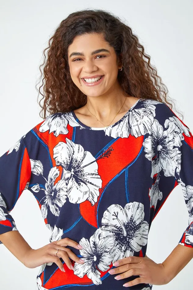 Navy Floral Stretch Blouson Hem Top Women Roman Tops