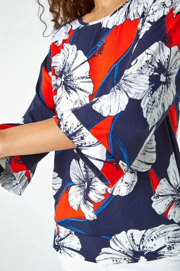 Navy Floral Stretch Blouson Hem Top Women Roman Tops