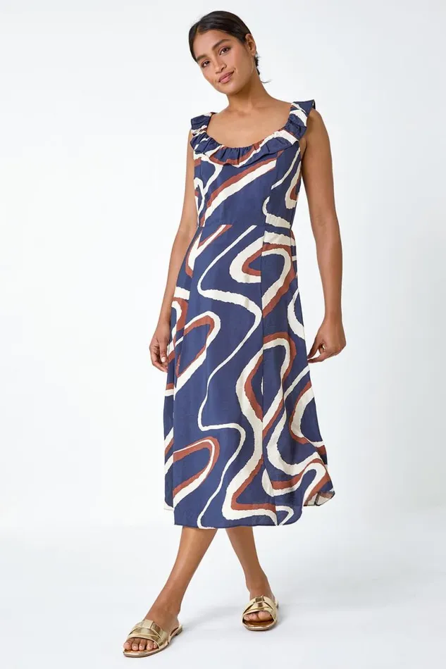 Navy Frill Neck Swirl Print Midi Dress Women Roman Dresses