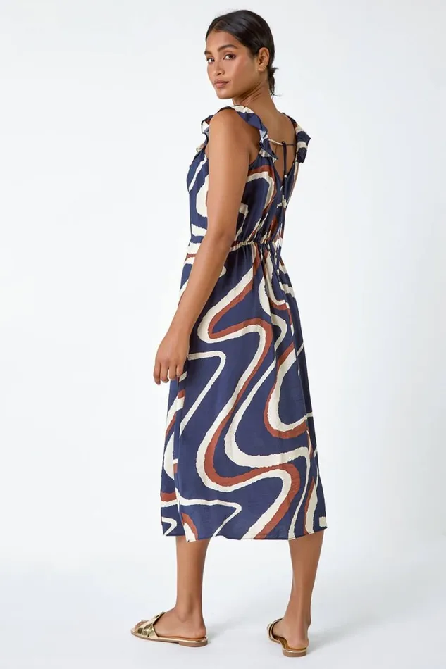 Navy Frill Neck Swirl Print Midi Dress Women Roman Dresses