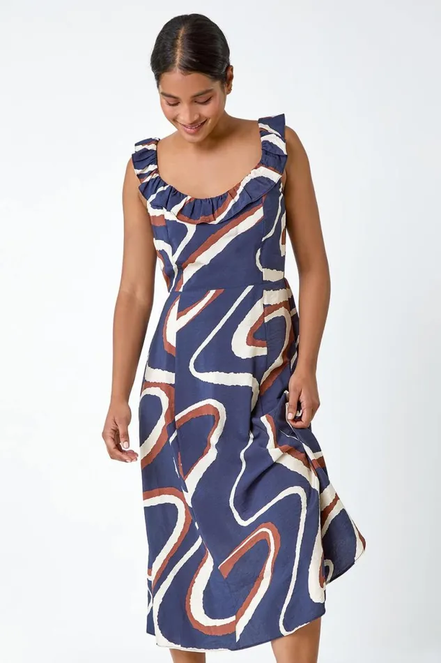 Navy Frill Neck Swirl Print Midi Dress Women Roman Dresses