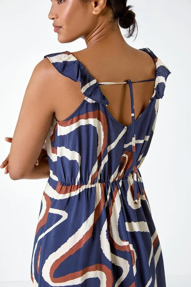 Navy Frill Neck Swirl Print Midi Dress Women Roman Dresses