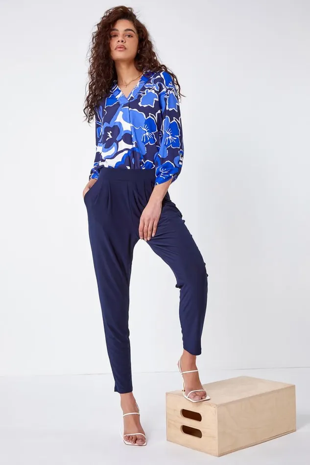 Navy Jersey Stretch Elastic Waistc Harem Trousers Women Roman Trousers