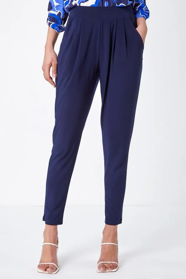 Navy Jersey Stretch Elastic Waistc Harem Trousers Women Roman Trousers