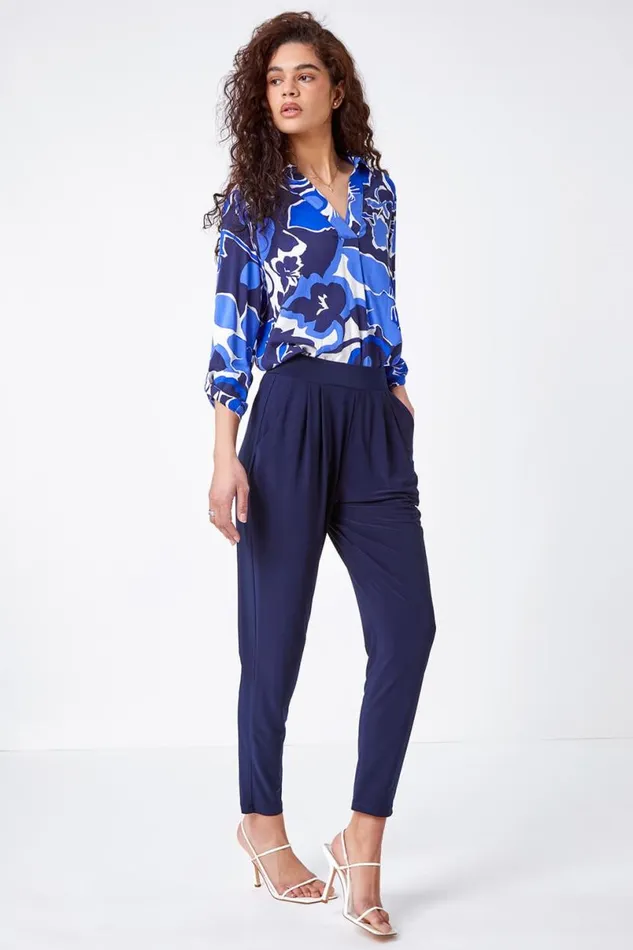 Navy Jersey Stretch Elastic Waistc Harem Trousers Women Roman Trousers