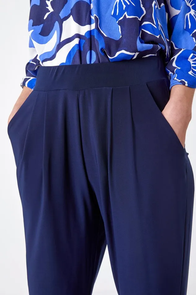 Navy Jersey Stretch Elastic Waistc Harem Trousers Women Roman Trousers