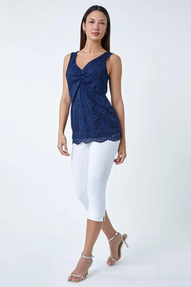 Navy Lace Twist Front Stretch Top Women Roman Tops