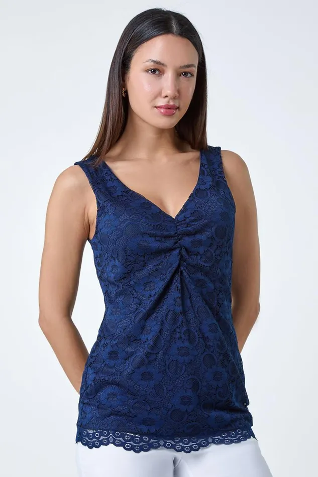 Navy Lace Twist Front Stretch Top Women Roman Tops