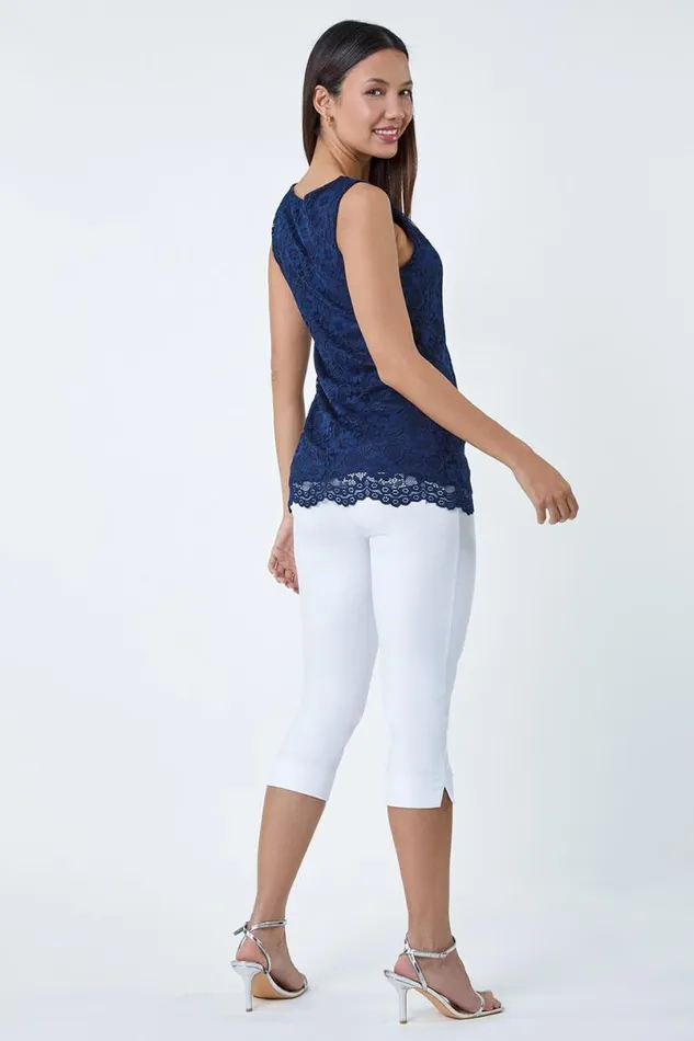 Navy Lace Twist Front Stretch Top Women Roman Tops
