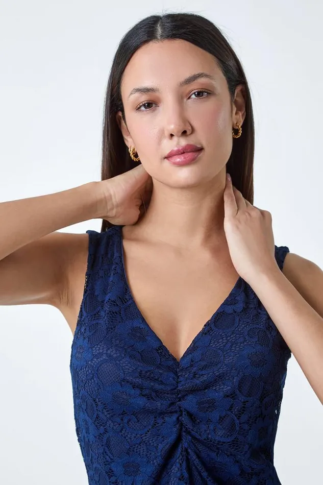 Navy Lace Twist Front Stretch Top Women Roman Tops