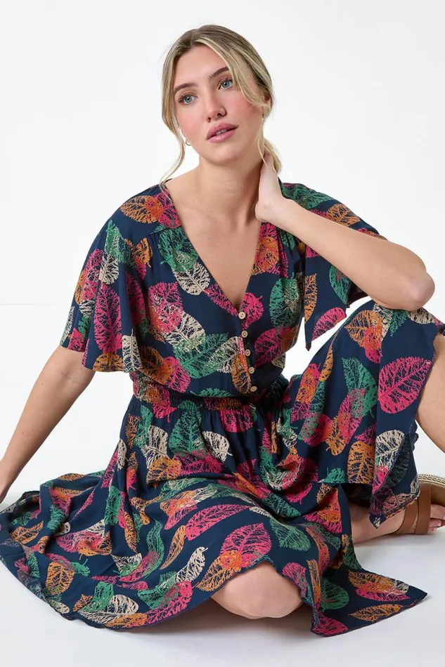 Navy Leaf Print Button Detail Dress Women Roman Dresses