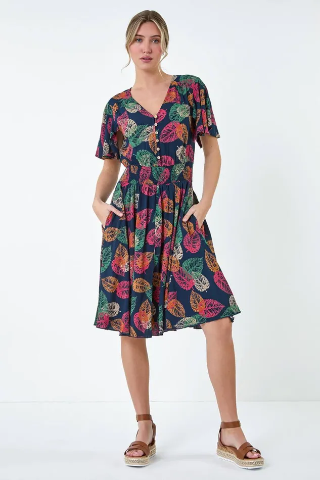 Navy Leaf Print Button Detail Dress Women Roman Dresses