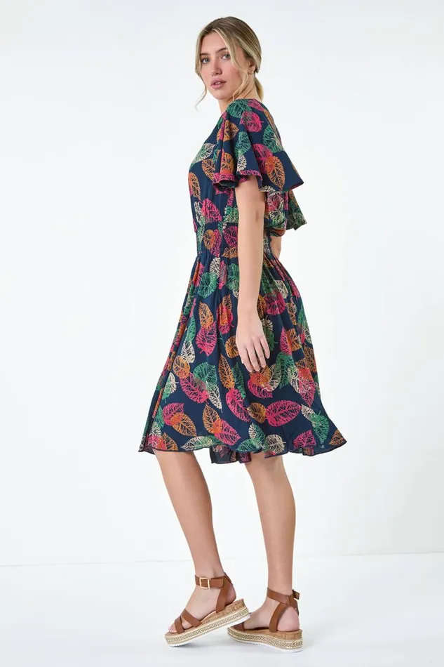Navy Leaf Print Button Detail Dress Women Roman Dresses