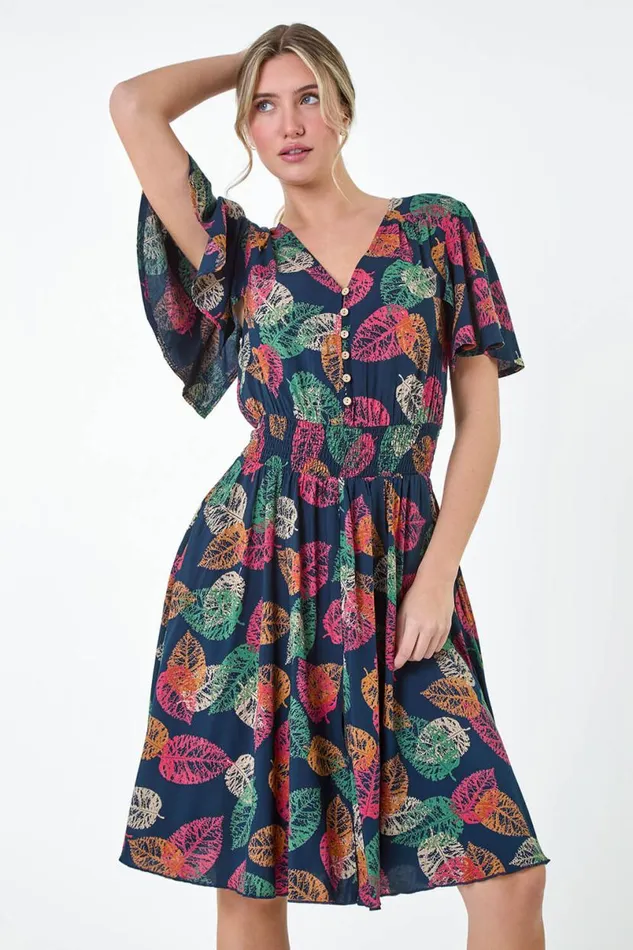 Navy Leaf Print Button Detail Dress Women Roman Dresses