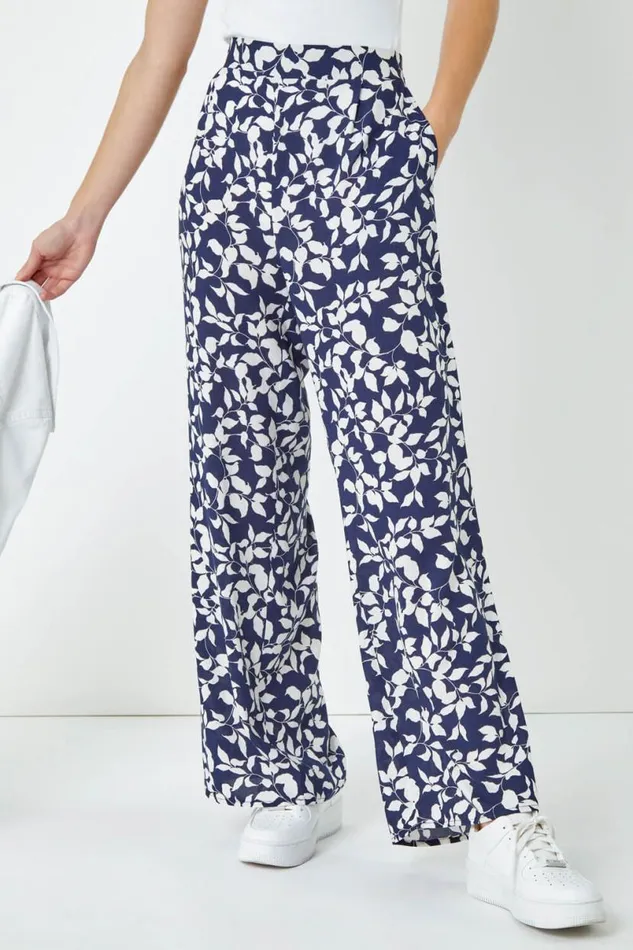 Navy Leaf Print Wide Leg Trouser Women Roman Trousers