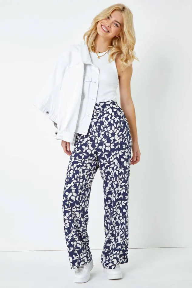 Navy Leaf Print Wide Leg Trouser Women Roman Trousers