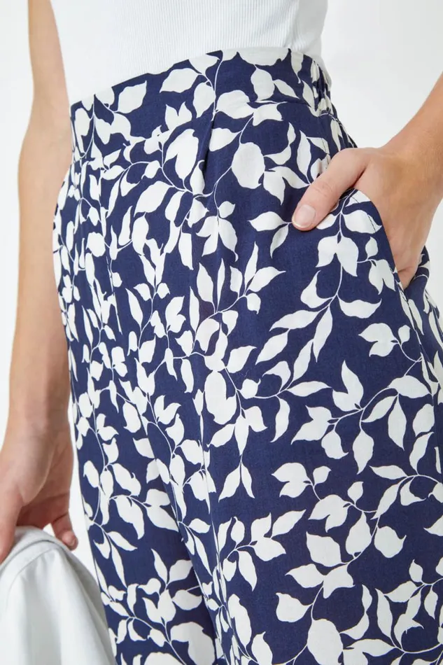Navy Leaf Print Wide Leg Trouser Women Roman Trousers