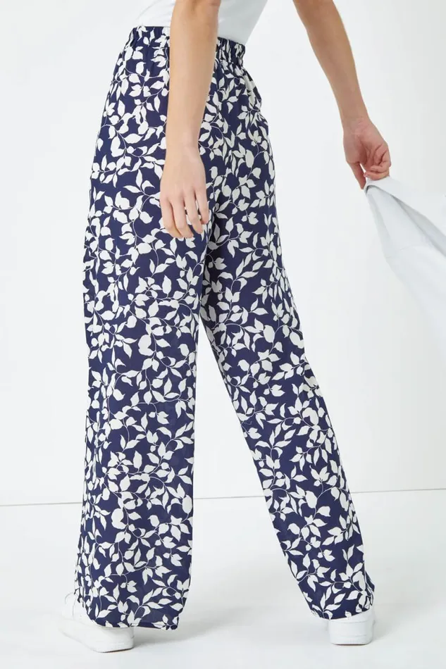 Navy Leaf Print Wide Leg Trouser Women Roman Trousers