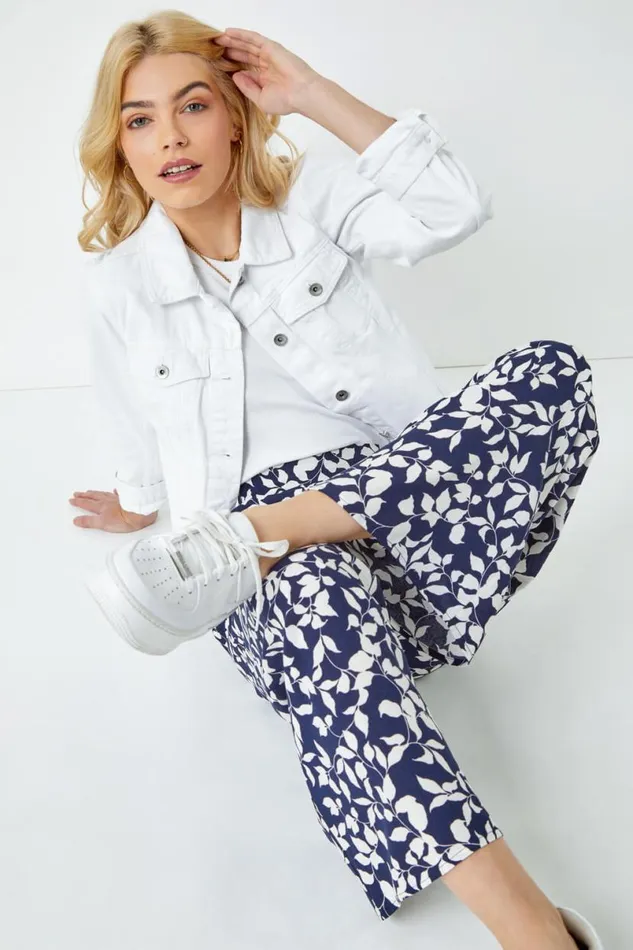 Navy Leaf Print Wide Leg Trouser Women Roman Trousers
