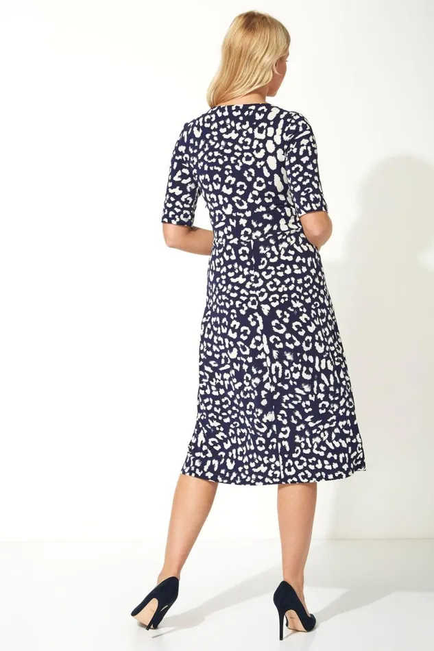 Navy Leopard Print Ruched Fit And Flare Dress Women Roman Dresses