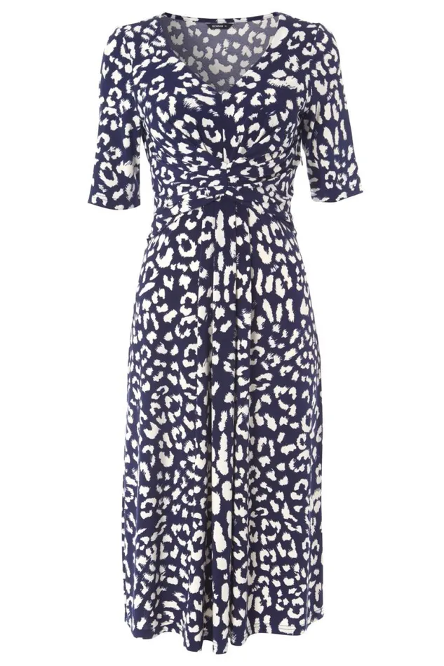 Navy Leopard Print Ruched Fit And Flare Dress Women Roman Dresses