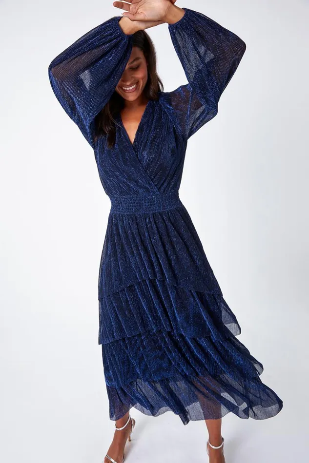 Navy Metallic Shirred Waist Tiered Midi Stretch Dress Women Roman Dresses