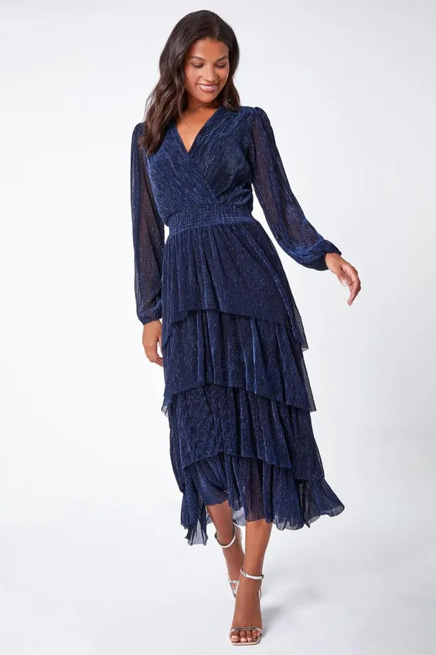 Navy Metallic Shirred Waist Tiered Midi Stretch Dress Women Roman Dresses