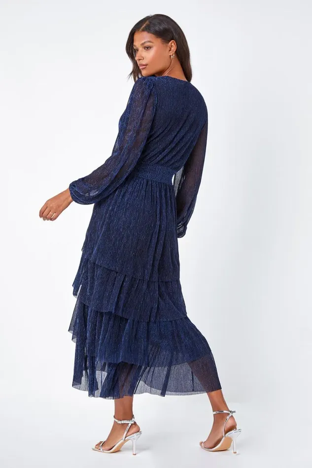Navy Metallic Shirred Waist Tiered Midi Stretch Dress Women Roman Dresses