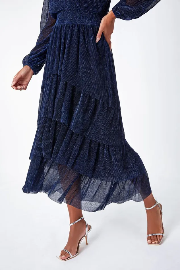 Navy Metallic Shirred Waist Tiered Midi Stretch Dress Women Roman Dresses