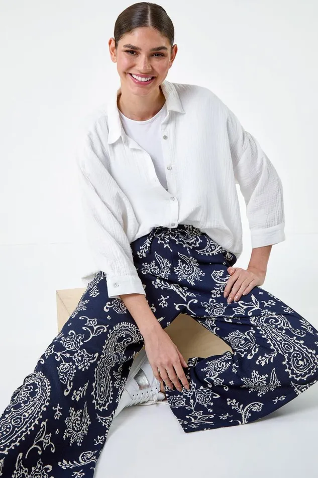 Navy Paisley Print Textured Jersey Trousers Women Roman Trousers