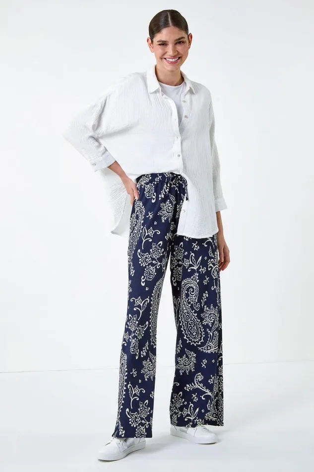 Navy Paisley Print Textured Jersey Trousers Women Roman Trousers
