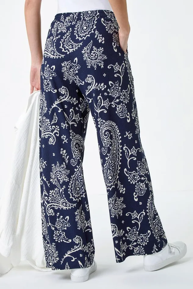 Navy Paisley Print Textured Jersey Trousers Women Roman Trousers