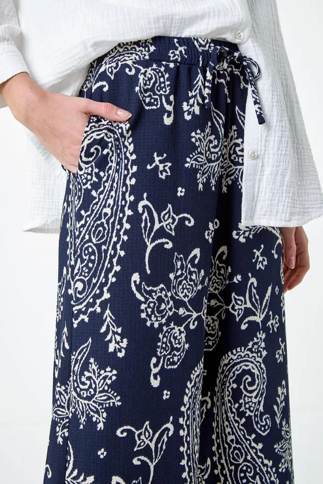 Navy Paisley Print Textured Jersey Trousers Women Roman Trousers