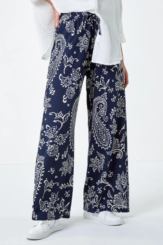 Navy Paisley Print Textured Jersey Trousers Women Roman Trousers