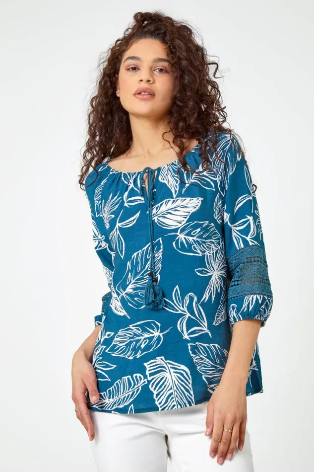Navy Palm Print Tassel Detail Bardot Top Women Roman Tops