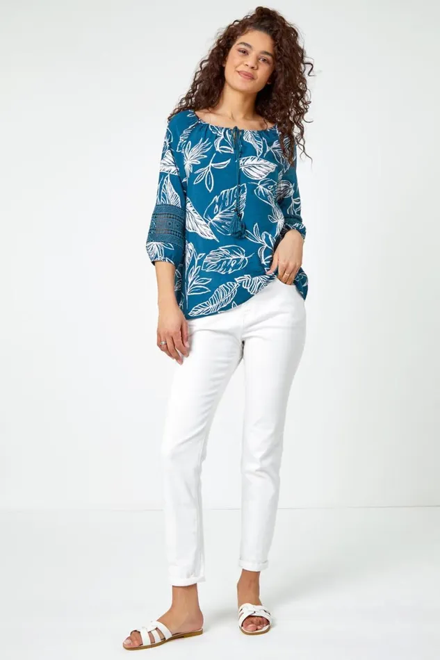 Navy Palm Print Tassel Detail Bardot Top Women Roman Tops
