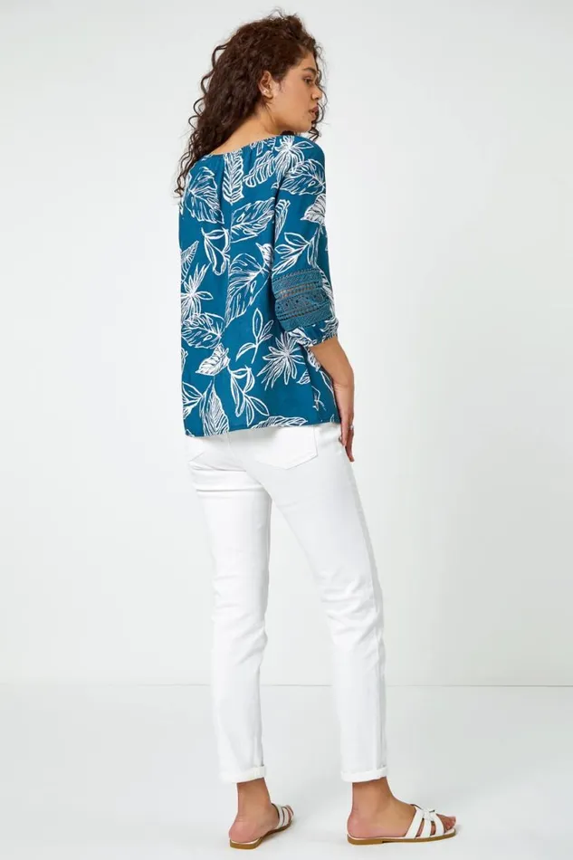 Navy Palm Print Tassel Detail Bardot Top Women Roman Tops