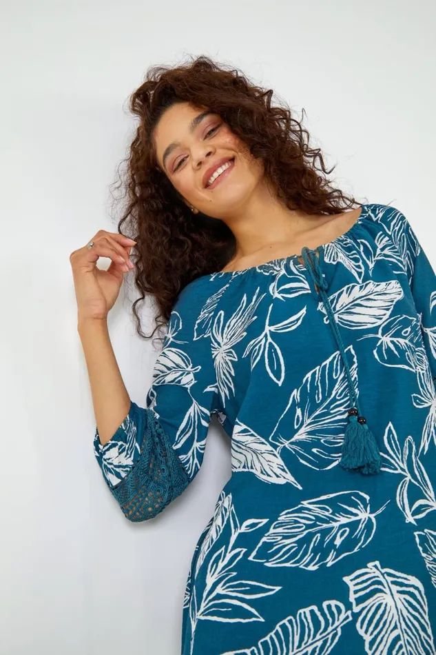 Navy Palm Print Tassel Detail Bardot Top Women Roman Tops