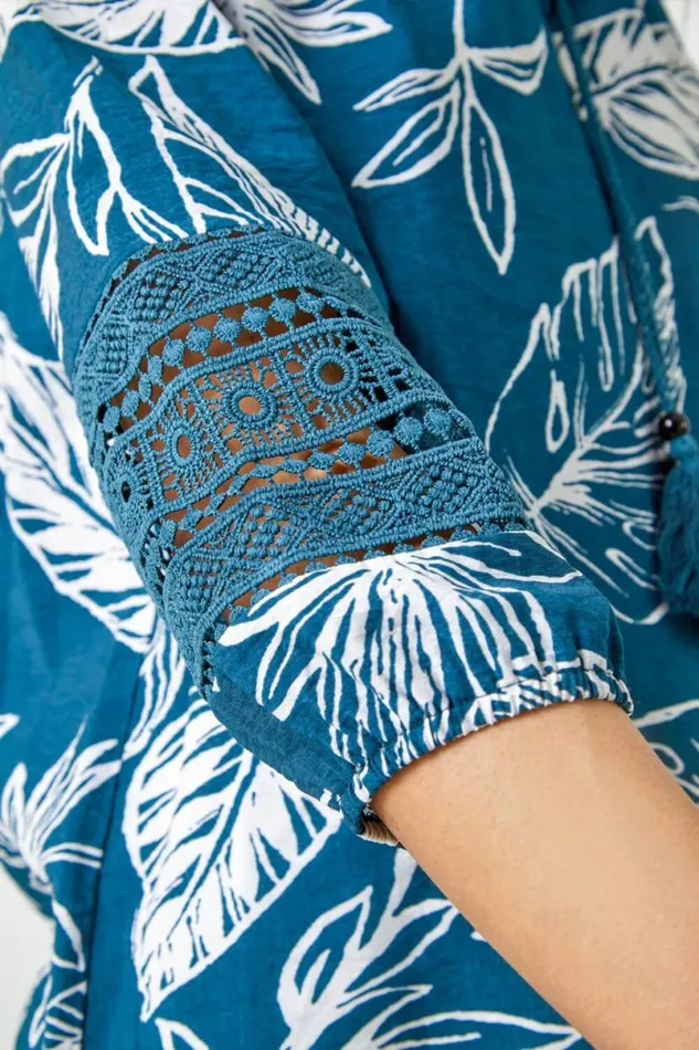 Navy Palm Print Tassel Detail Bardot Top Women Roman Tops