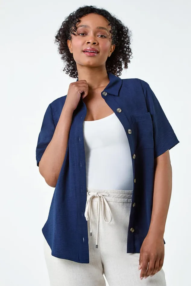 Navy Petite Button Up Pocket Shirt Women Roman Tops