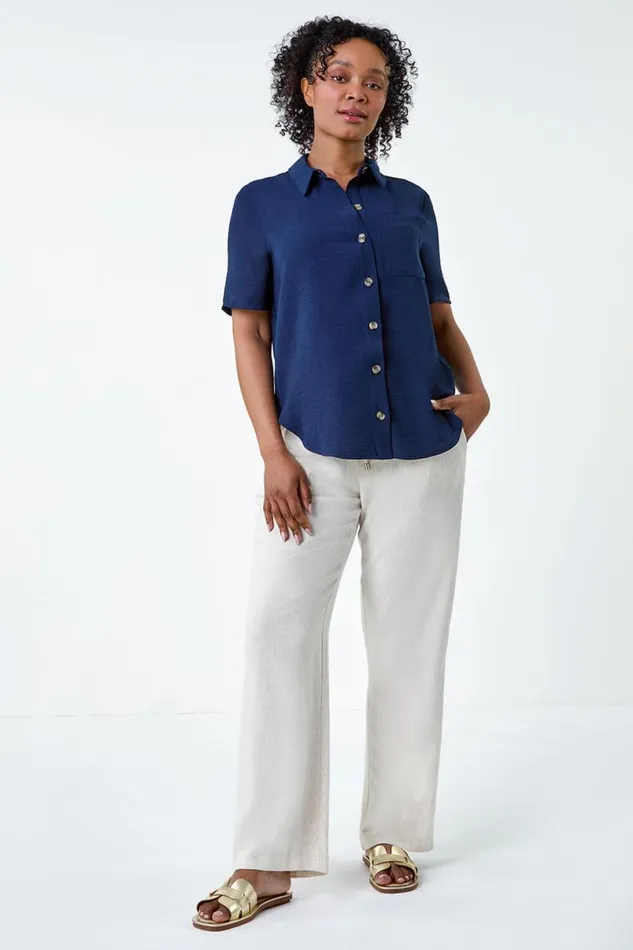 Navy Petite Button Up Pocket Shirt Women Roman Tops